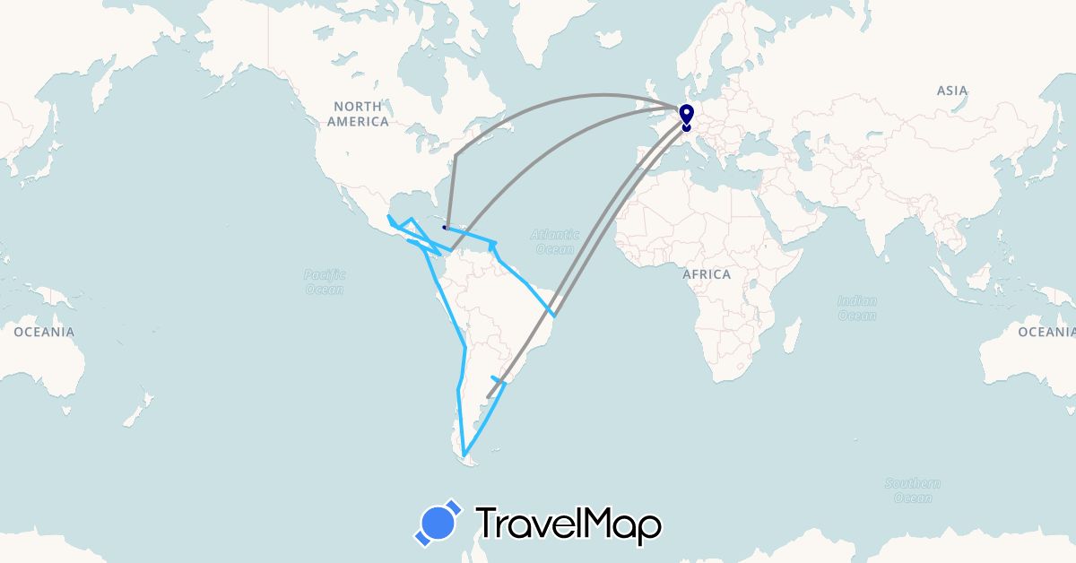 TravelMap itinerary: driving, bus, plane, boat in Argentina, Barbados, Brazil, Chile, Colombia, Costa Rica, Germany, Ecuador, Guatemala, Guyana, Jamaica, Mexico, Netherlands, Panama, El Salvador, Trinidad and Tobago, United States, Uruguay, Saint Vincent and the Grenadines (Europe, North America, South America)